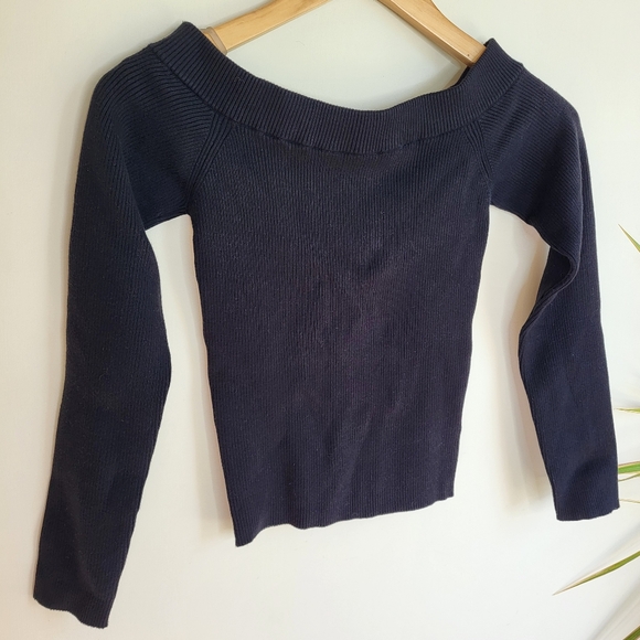 Express Body Contour Collection Off Shoulder Black Ribbed Sweater - Picture 2 of 9